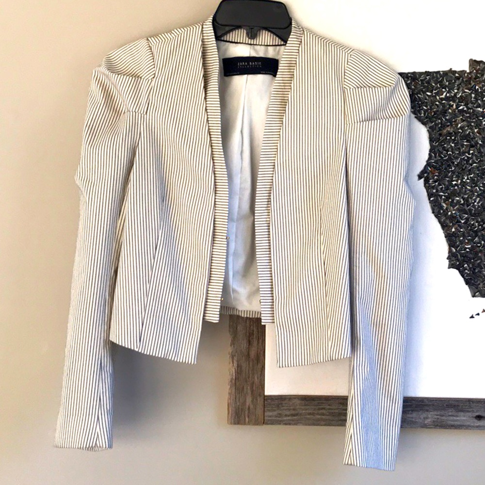 Zara basics cropped ivory and navy striped blazer